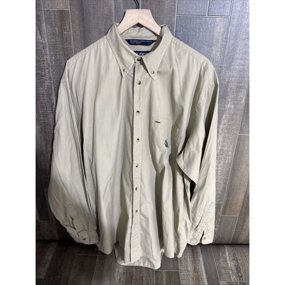 Nautica Button Up‎ Shirt Embroidered Sailboat Logo Beige Size XL - Picture 1 of 8